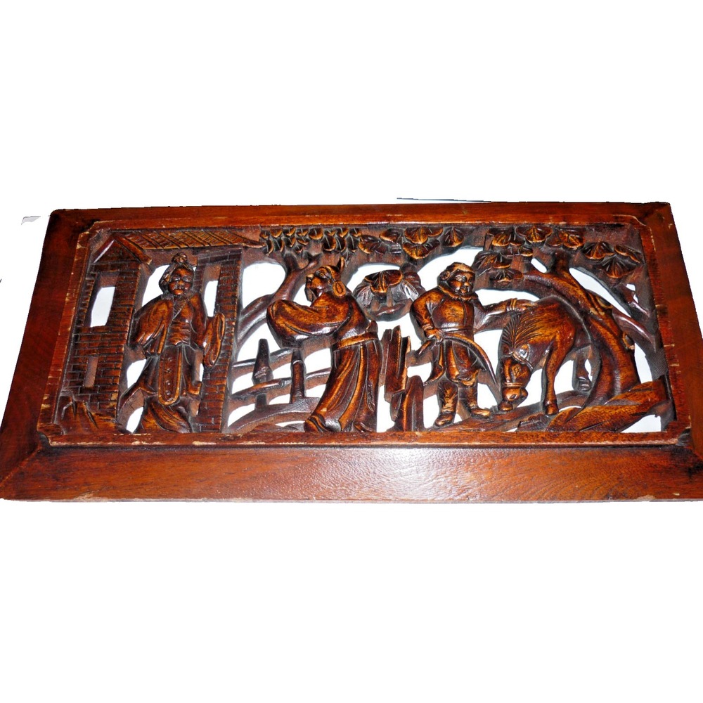 Chinese Asian Wood Carved Wood Panel Antique Vintage 7x14"‎ Releif Country Scene